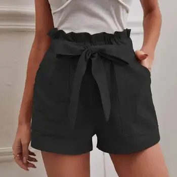 Naiste Lühikesed Püksid Kõrge Elastne Vöökoht Shirring Vibu Decor (Solid Color Taskud Lahti Vabaaja Otse Üle Põlve Pikkus, Suvel Lühikesed Püksid