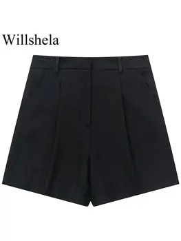 Willshela Naiste Mood Tasku Must Ees Tõmblukk Mini Lühikesed Püksid Vintage Kõrge Vöökoht Stiilne Naiste Lady Püksid