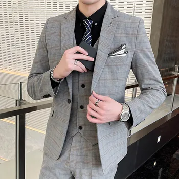 Four Seasons Trend korea Versiooni (ülikond + Vest + Püksid) Trahvi Meeste Ülikond Briti Ruuduline Ühe Lääne Moe-Kolme-osaline Komplekt