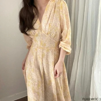Korea Stiilne Pikk Kleit Sügisel Kuum Elegantne Office Lady Temperament Pits-Up Õie Printida Retro Vintage Naiste Kleit