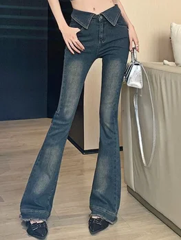 Sügisel Vintage-Moe Põletatud Püksid Naiste Taskud Disainer Elegantne Denim Püksid Naiste Kõrge Vöökoht Korea Vabaaja Püksid 2023 Uus