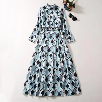 Euroopa ja Ameerika naiste riided 2023 sügisel uus Seista krae Pikk varrukas pin-bead geomeetriline printida Moe plisseeritud kleit