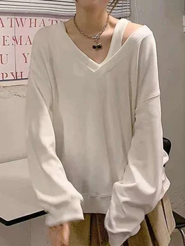 Maha Õla T-Särk Naiste Korea Stiilis Seksikas Top Naiste Sügis V-Kaelus Pikk Varrukas T-Särgid Lady Liiga Casual Tees Streetwear