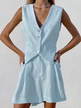 2023 Suvel Valged Linased Lühikesed Püksid Komplekti Naistele 2 Tükki Elegantne Sinine, V-Kaeluse Slim Tops Sobiks Mood Puuvill Lai Jalg Lühikesed Püksid Varustus