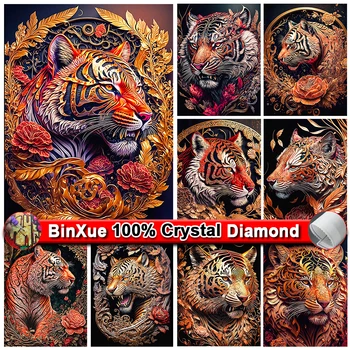 BinXue 5D DIY Loomade Tiiger Kristall Teemant Maali Komplekt Rose Lille Kinni Diamond Tikitud Rhinestone Home Decor Kunsti Kingitus