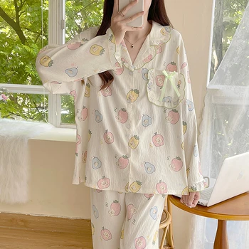 Pluss Suurus Pajama Mujer Kirss Prindi Sleepwear Seatud Pikk Varrukas Top+Püksid Ruffle Homewear Naha-Sõbralik Hingav